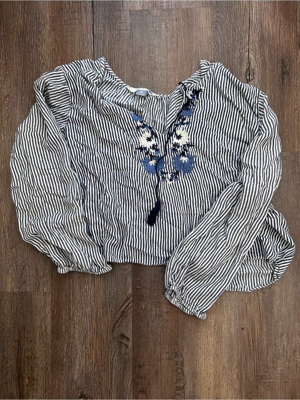 Old Navy Navy and White Striped Embroidered Peasant Blouse